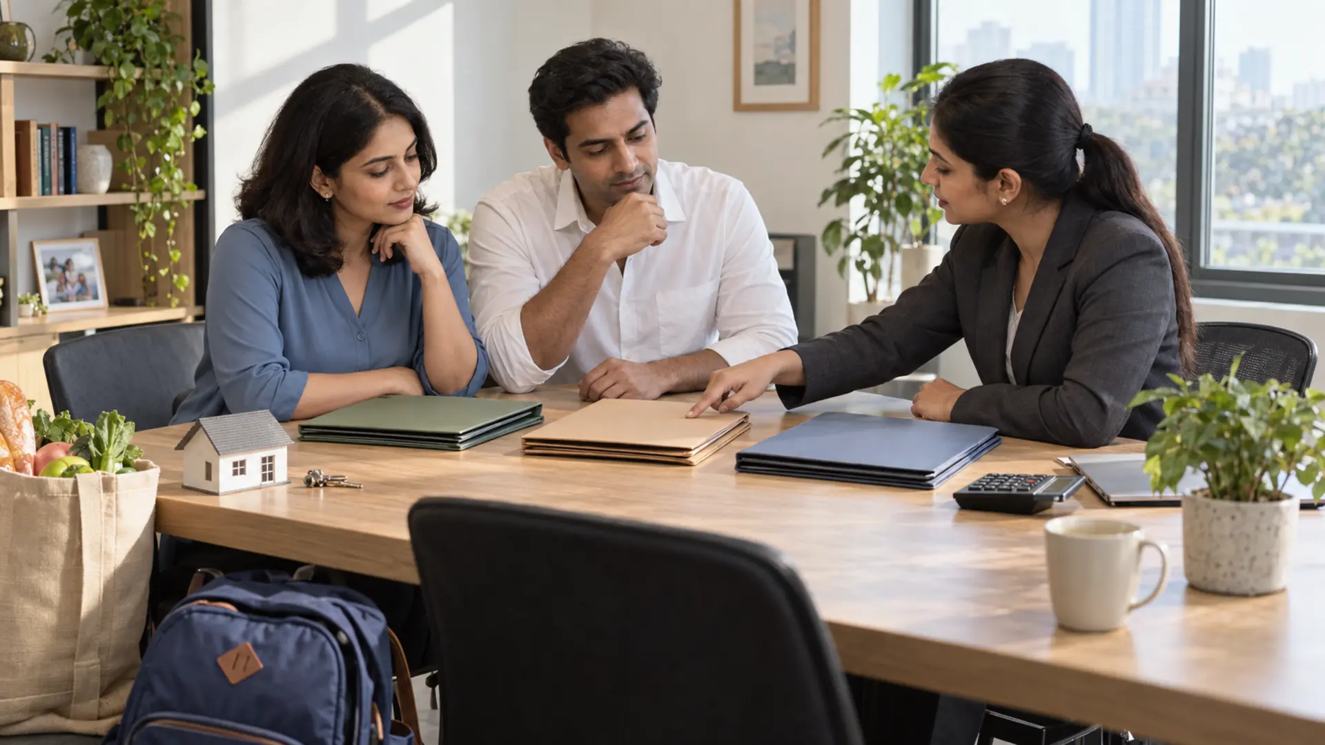 The couple and adviser sort folders for household expenses, housing and education during a life-cover review.