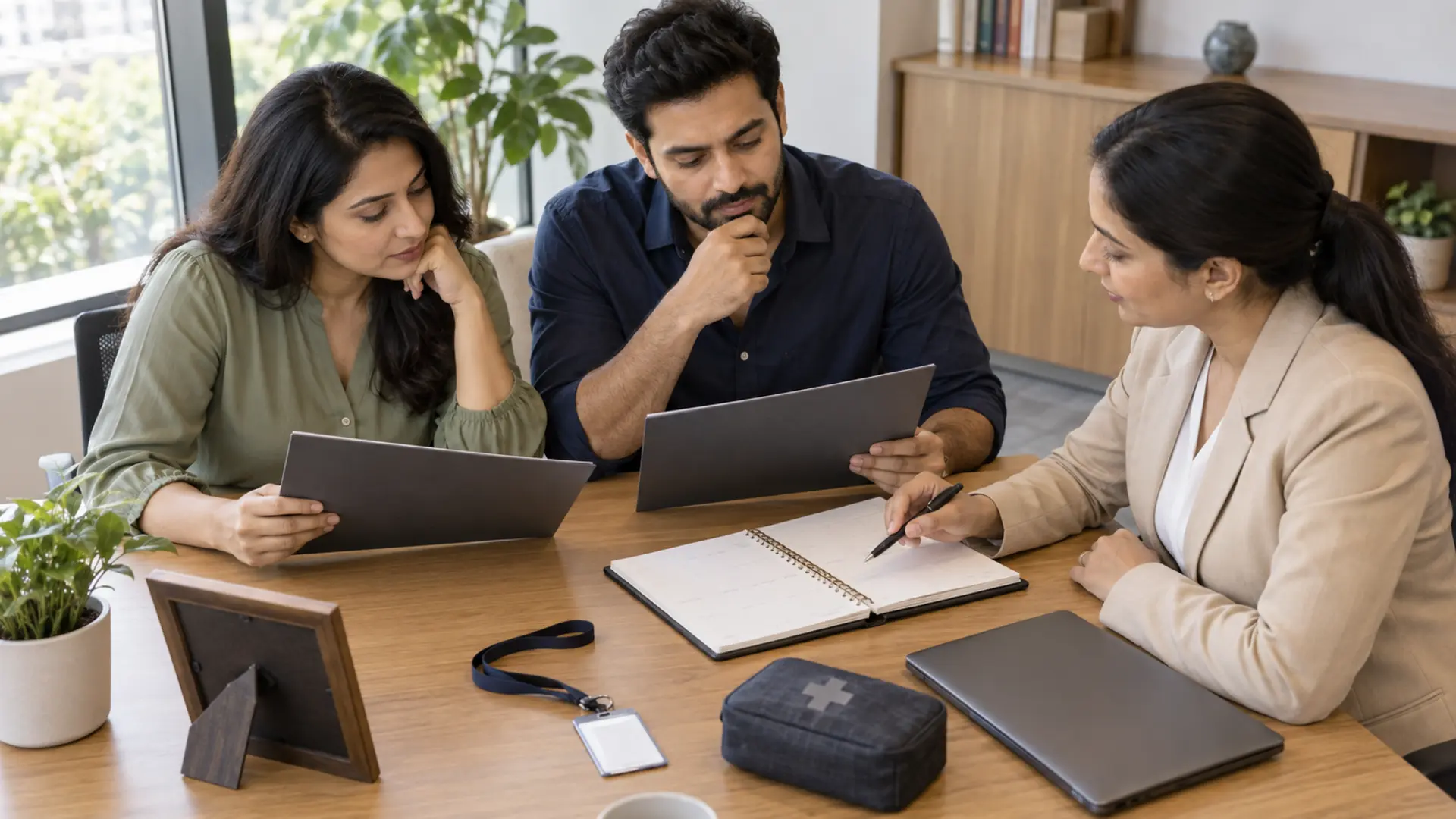The same couple and adviser compare separate health-cover folders and review a calendar before an employment transition.