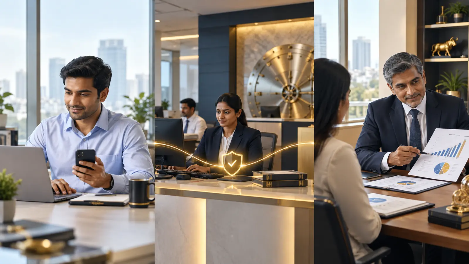 A text-free three-stage corporate workflow: subscriber completes a digital contribution, a bank-processing handoff occurs, and the contribution moves to an investment portfolio review