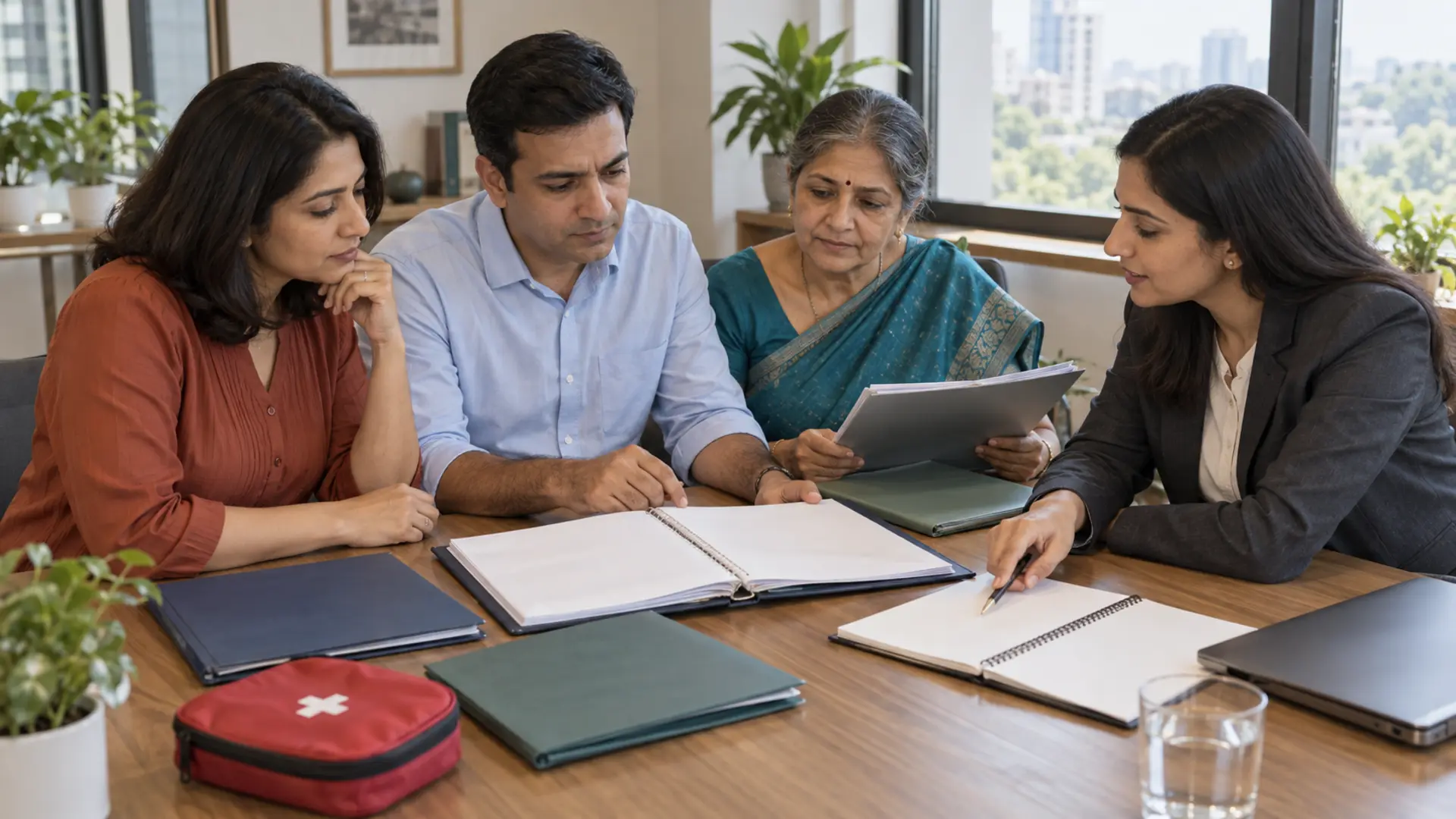 The same family and adviser examine individual folders and a comparison notebook, giving the older parent’s needs separate attention.