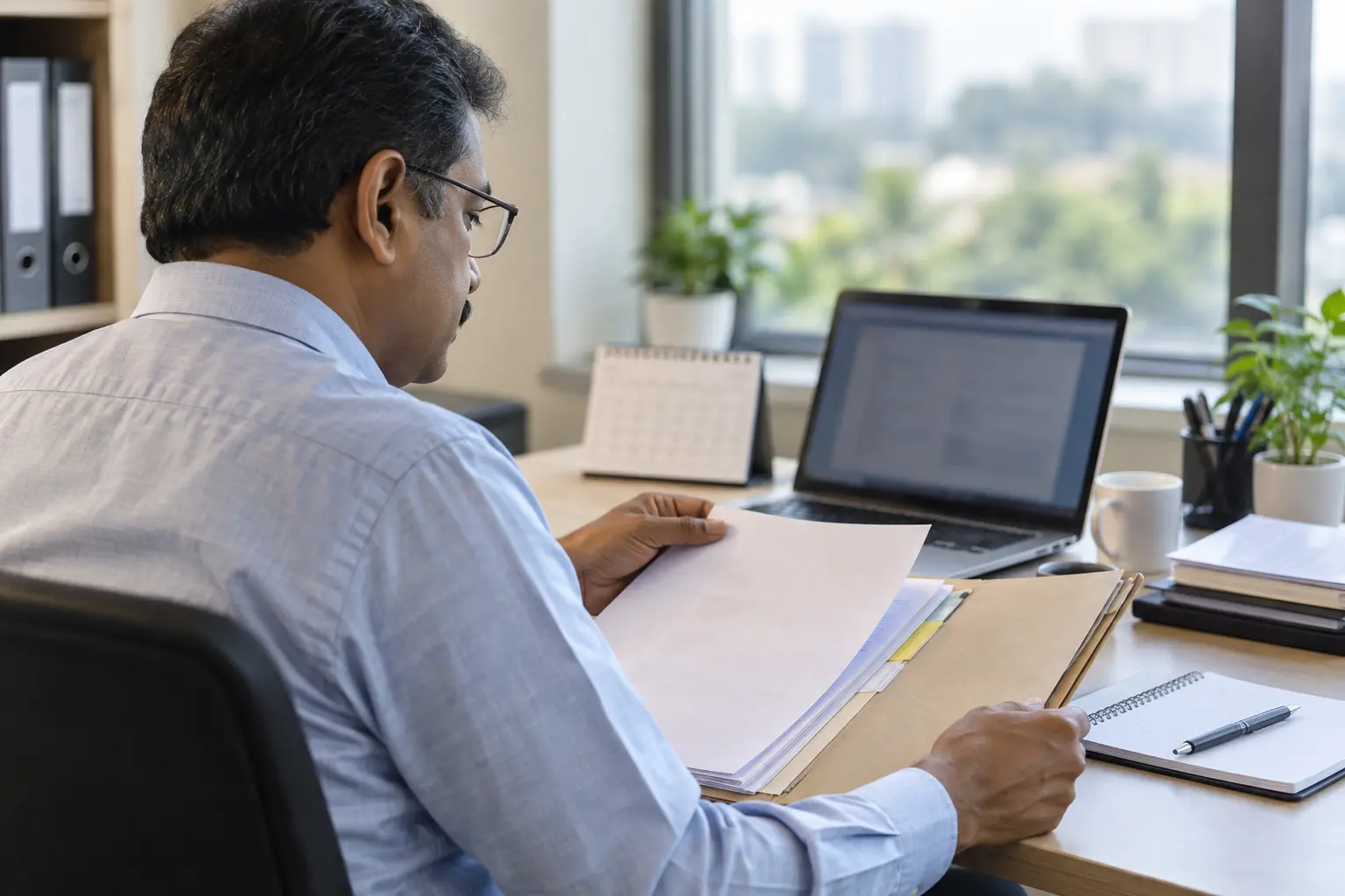 An office professional checks a paper folder alongside a laptop while preparing an account follow-up.