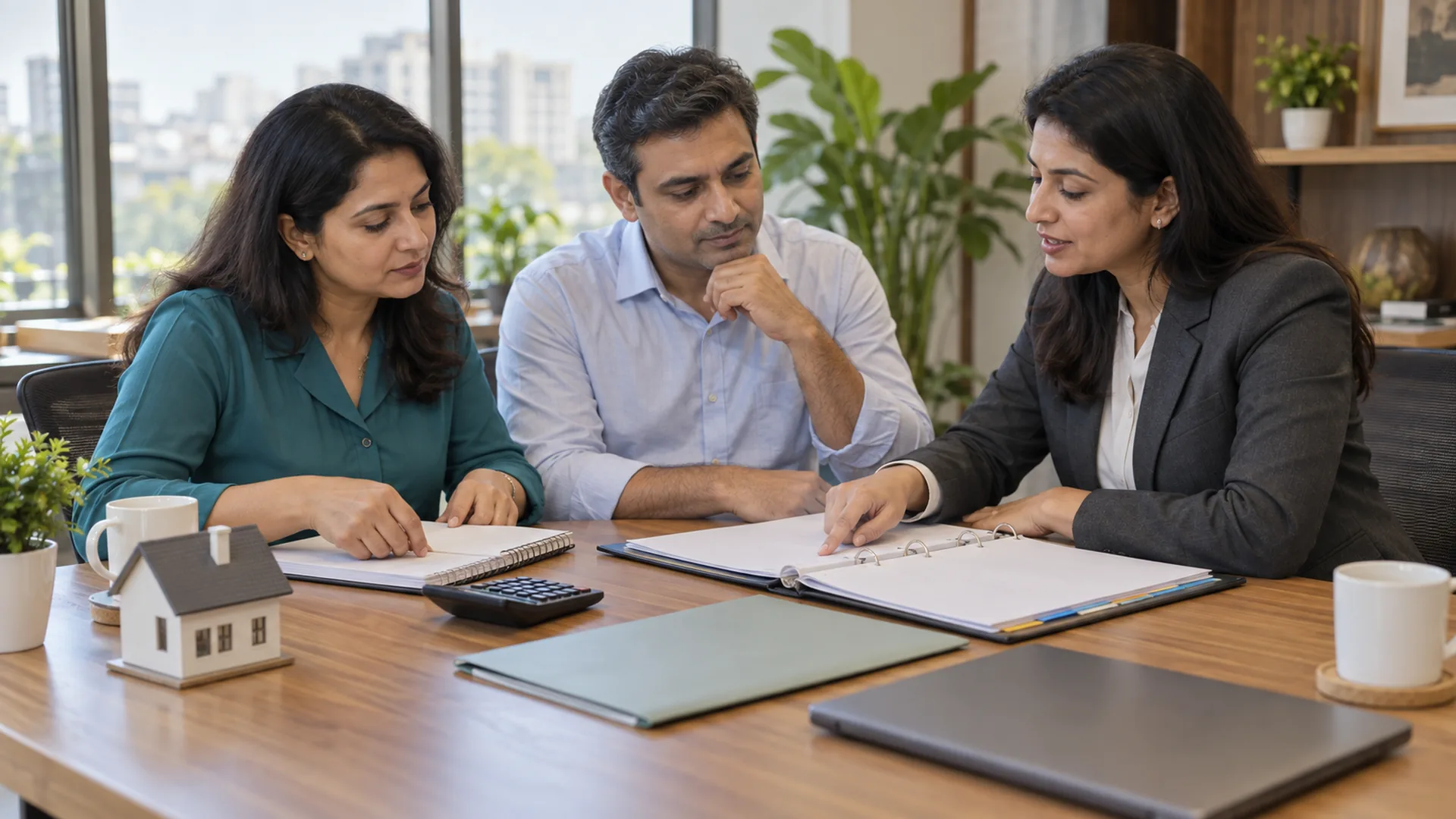 The couple and adviser examine policy conditions beside household planning documents and a calculator.