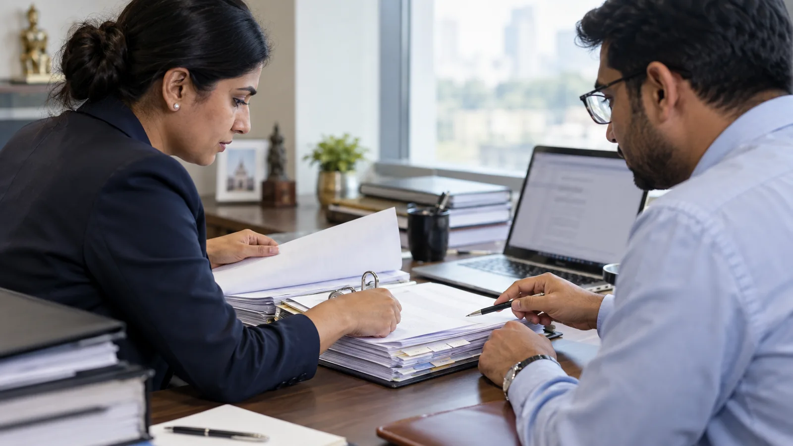 Corporate governance professionals cross-checking appointment records at a secure review desk