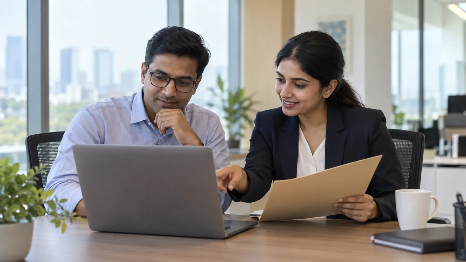 An Indian NPS subscriber reviews account paperwork with a service executive in a bright office.