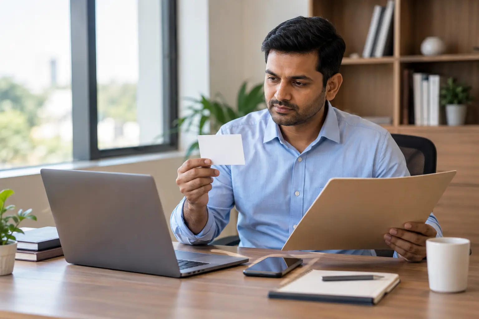 An Indian subscriber checks a blank account document, laptop and phone while preparing a personal-record update.
