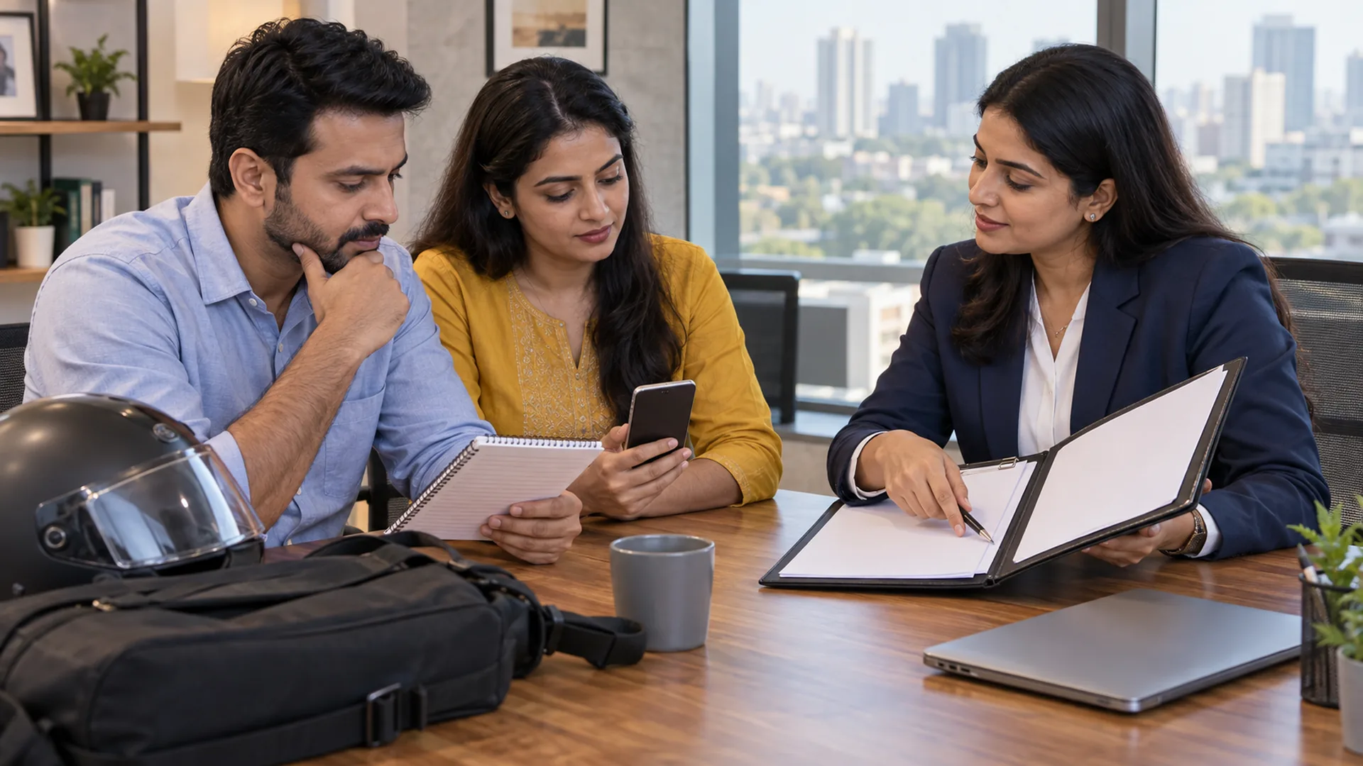 The couple and adviser review a claims checklist and income-continuity notes.