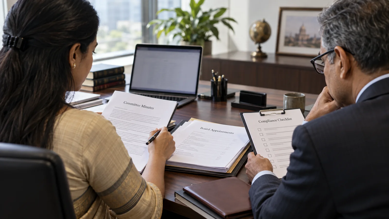 Company secretary and independent director cross-checking committee minutes and appointment records