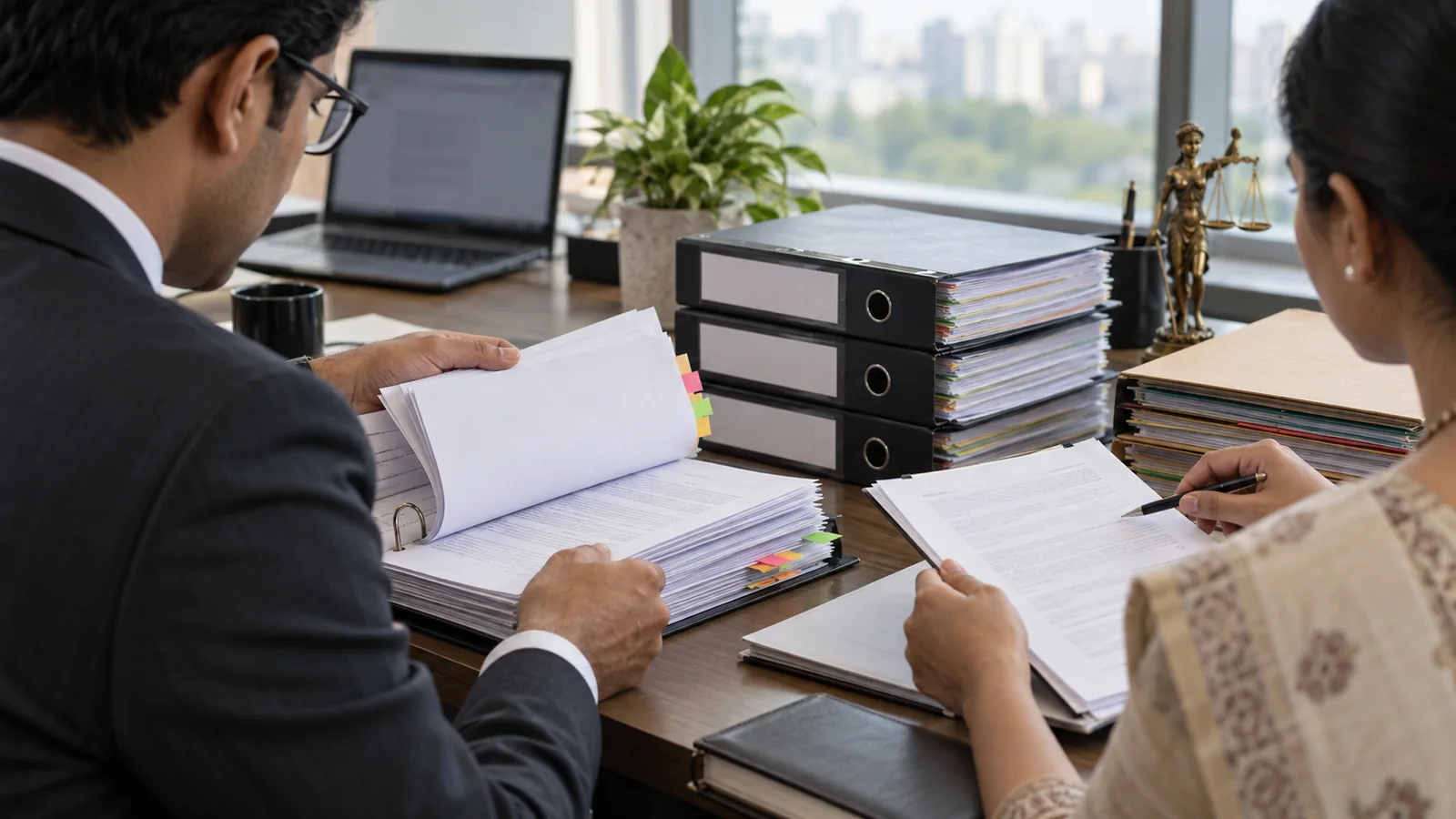 Finance and legal professionals cross-checking contracts, litigation files and group-company records