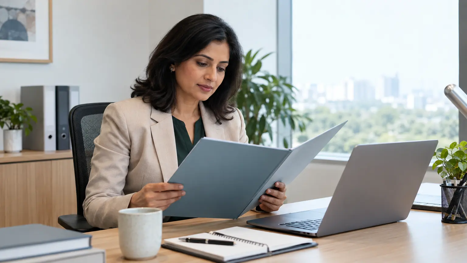 An Indian professional carefully reviews a blank healthcare-planning folder beside a laptop in a modern office.