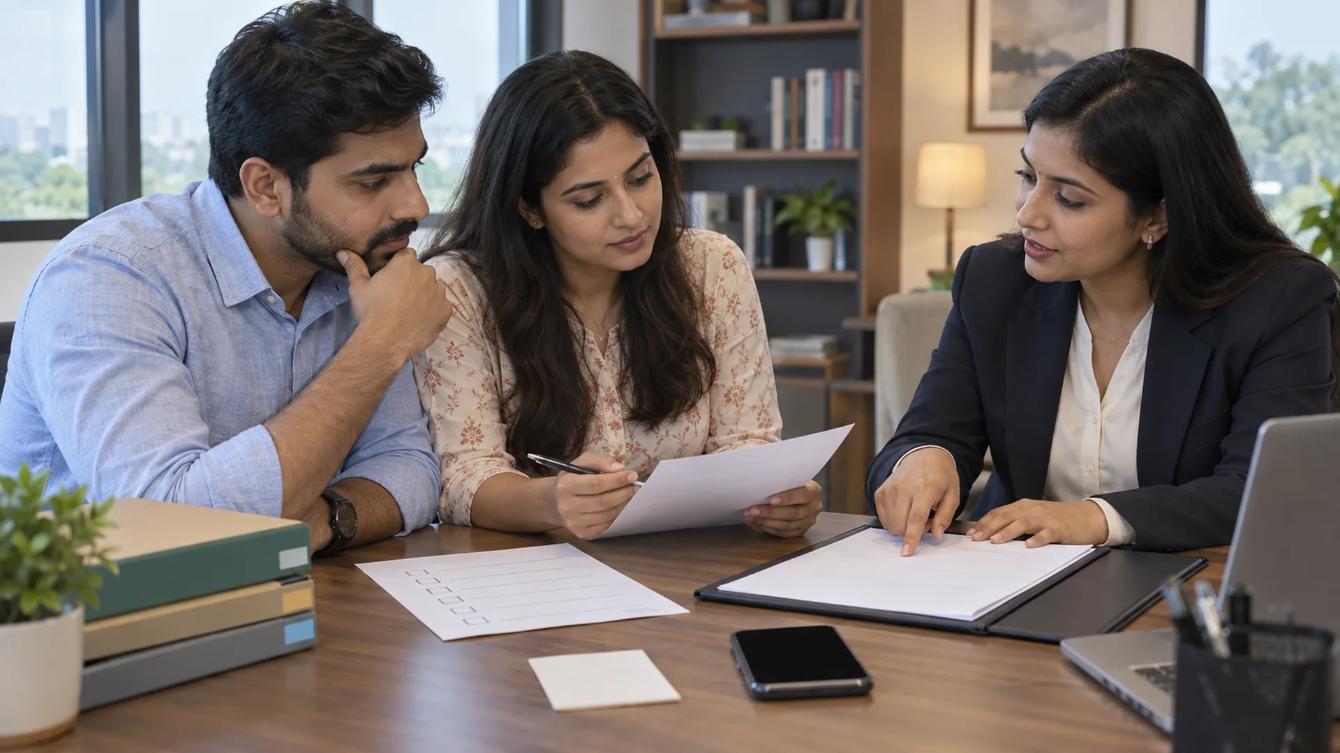 The couple and adviser cross-check a policy schedule, nominee note and claims checklist before purchase.