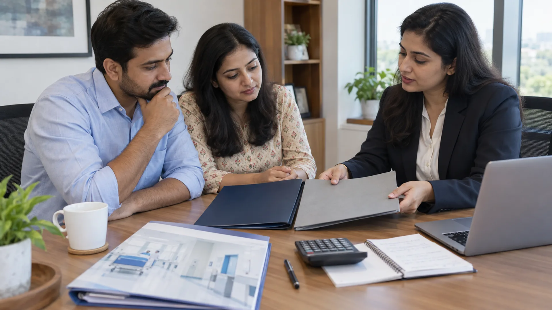 The couple and adviser compare two blank health-policy folders and cash-flow notes before selecting a deductible structure.