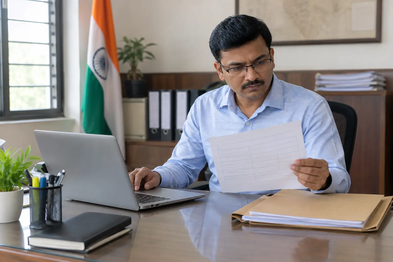 A government-office finance officer checks a blank remittance form beside a laptop and records folder.
