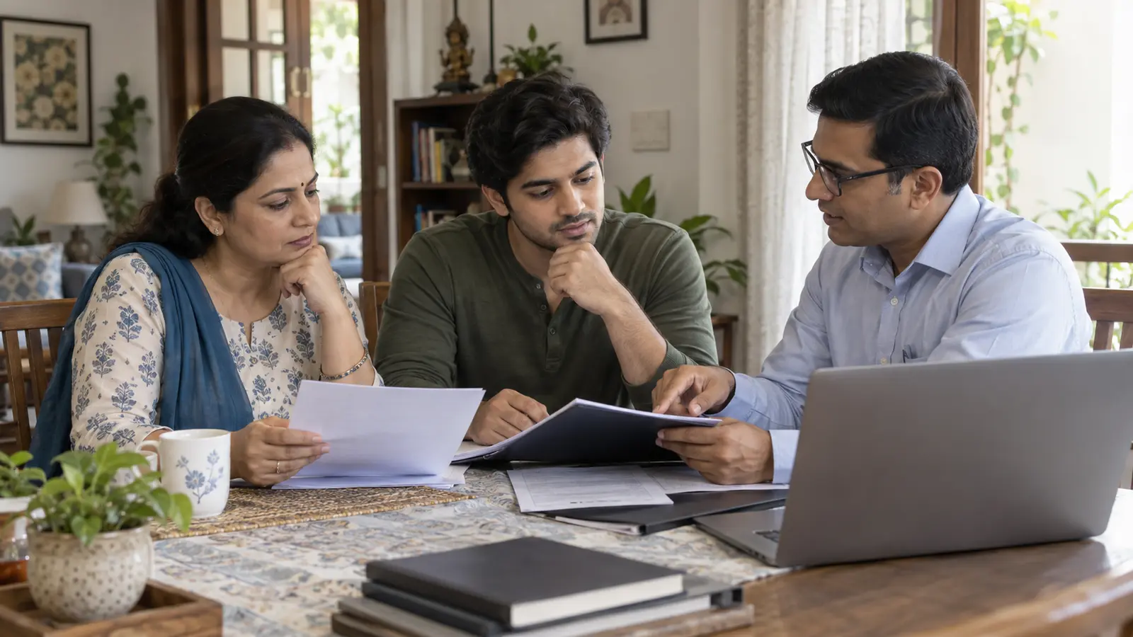 A family and financial professional reviewing retirement planning documents together