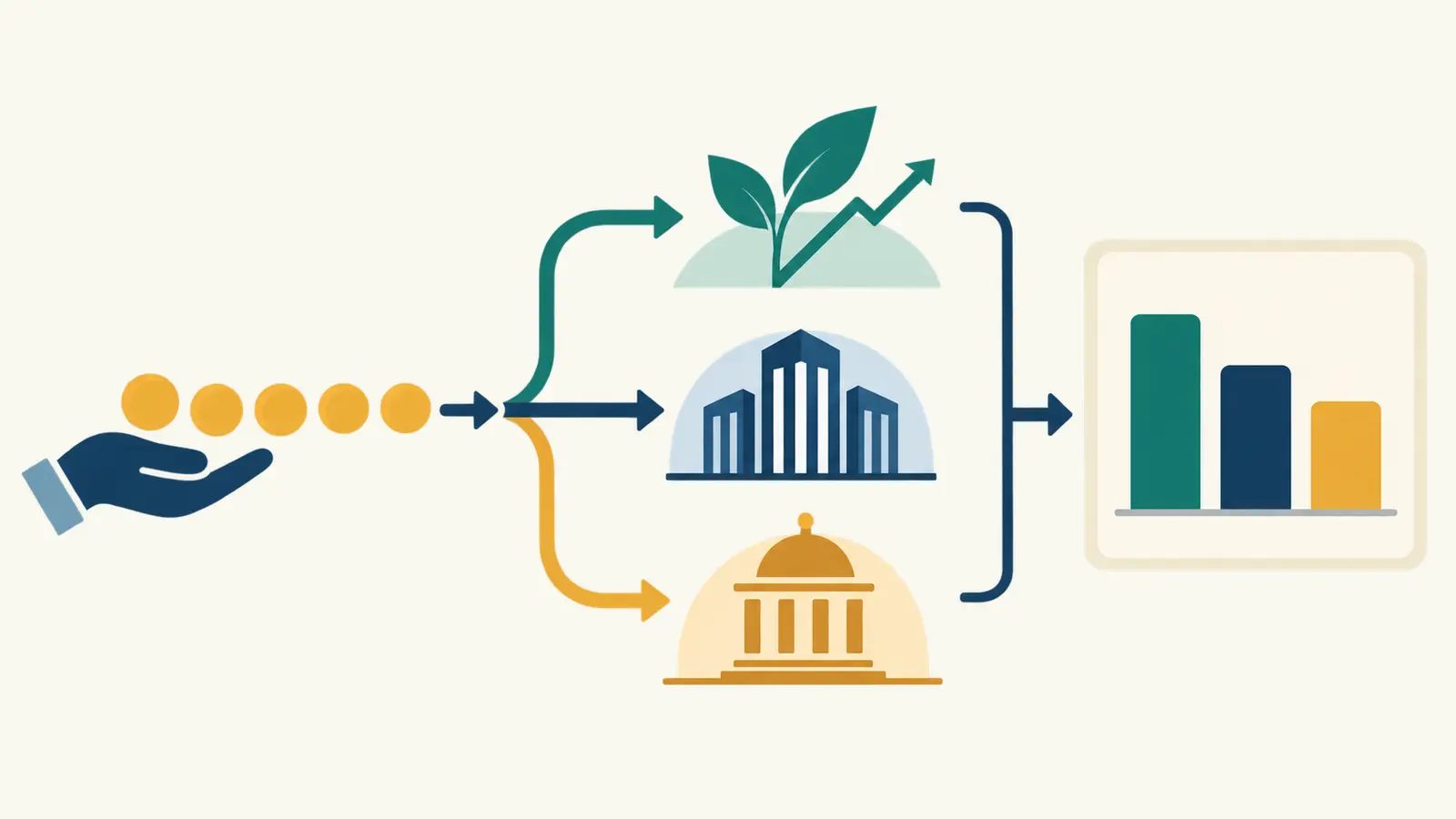 Illustration of regular contributions flowing through investment choices into a side-by-side comparison