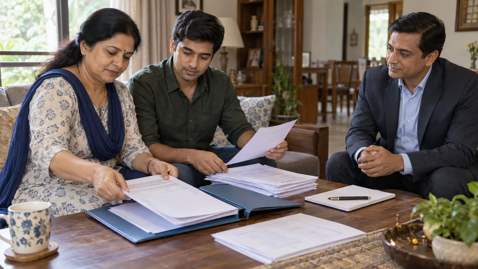 An Indian family organises health policy documents and claim records with an advisor