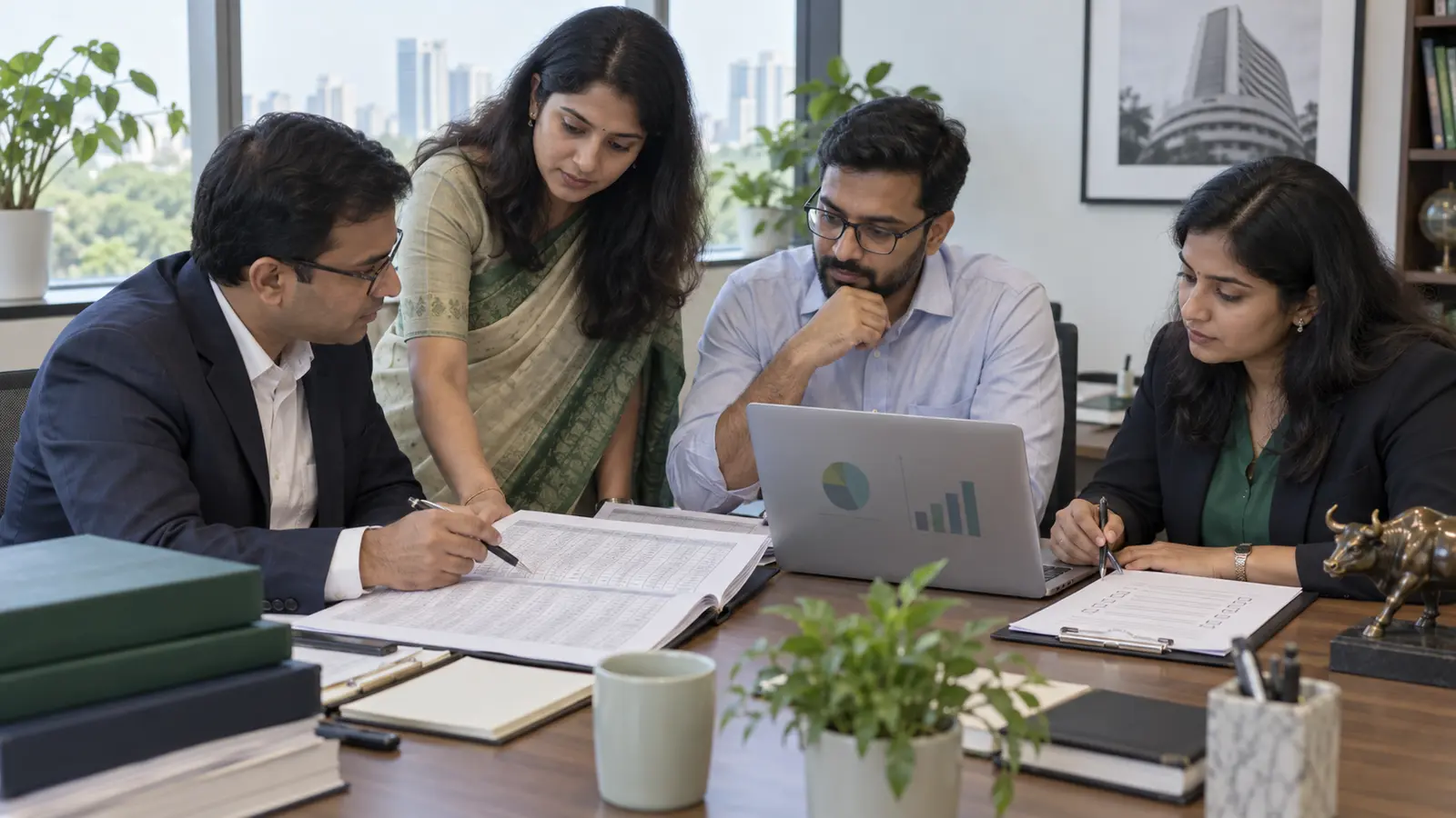 Indian finance and company-secretarial professionals reconciling company shareholding records during SME IPO preparation
