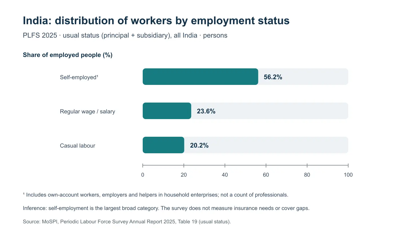 Horizontal bar chart of employed people by status: self-employed 56.2%, regular wage or salary 23.6%, casual labour 20.2%; horizontal axis is share of employed people from 0 to 100 percent. Inference: self-employment is the largest broad category, but the survey does not measure insurance needs or coverage gaps.
