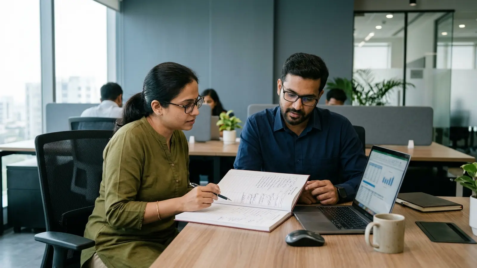Company secretary and finance lead cross-checking a share register against an indistinct digital record in an Indian office