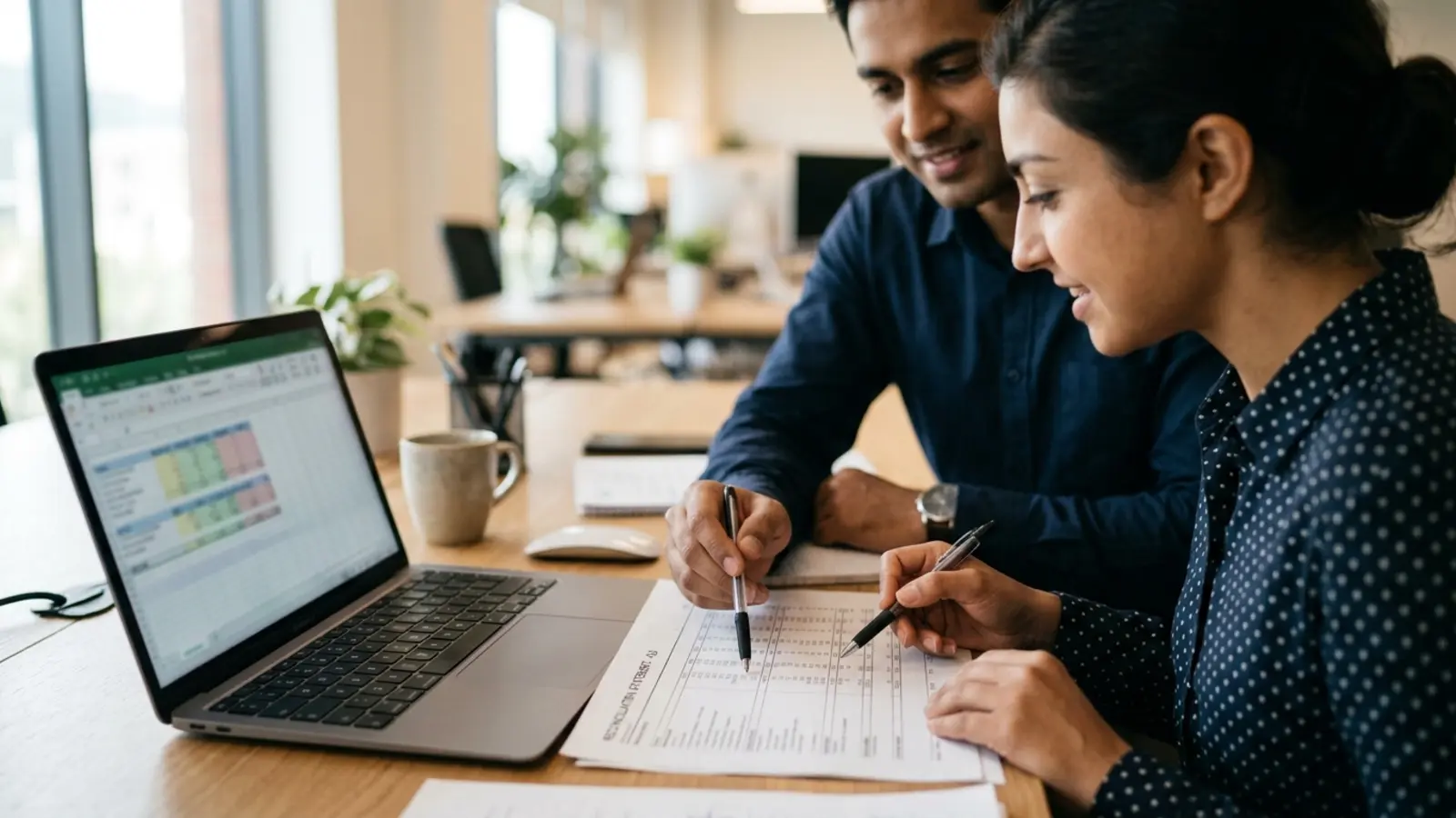 Finance controller and company secretary reconciling a printed cash-flow statement beside a laptop