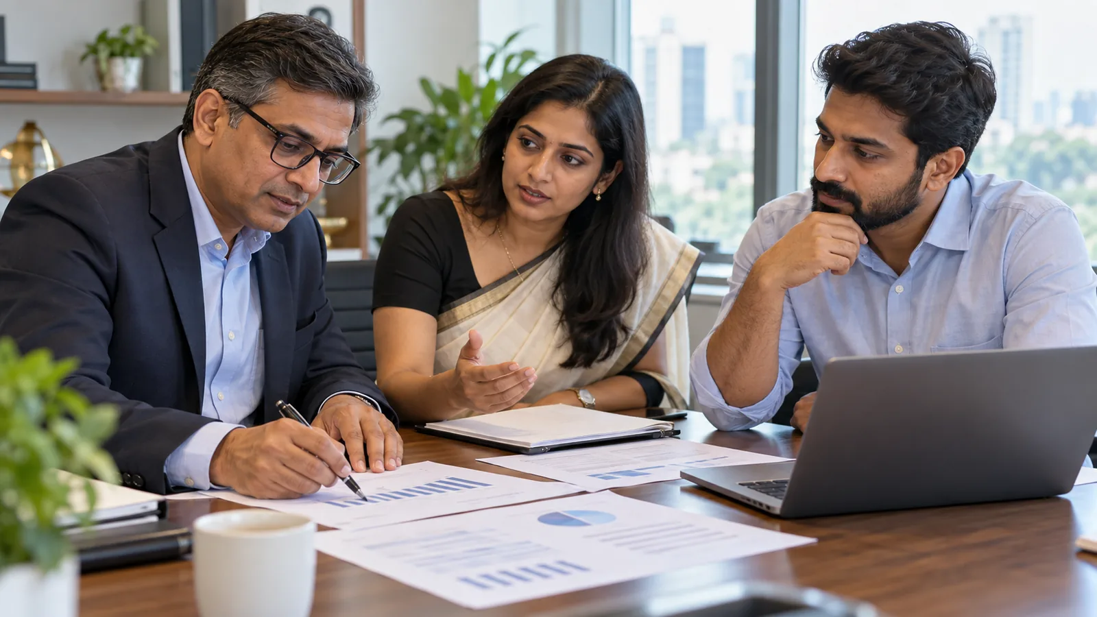 Indian company secretary, finance leader and founder reviewing a proposed company funding plan
