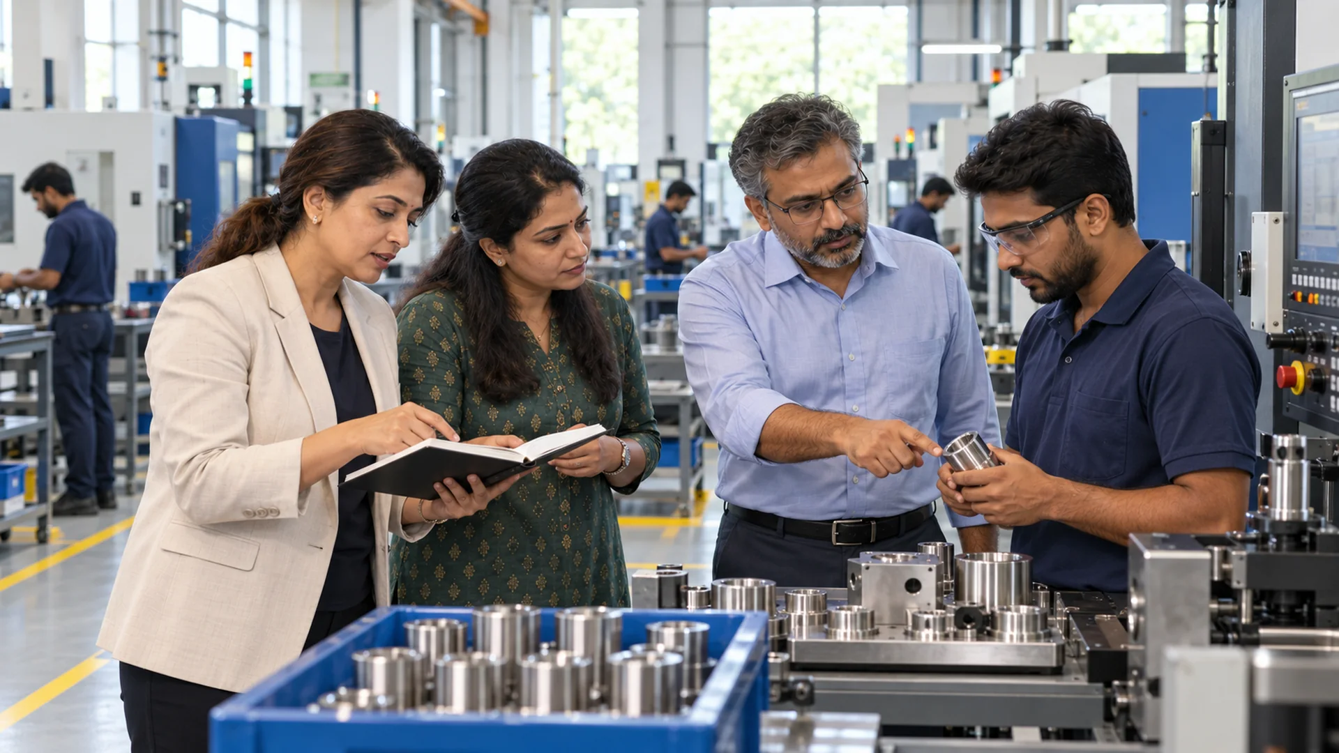 SME founder and operations director sharing production knowledge with a cross-trained supervisor while the finance manager records the handover