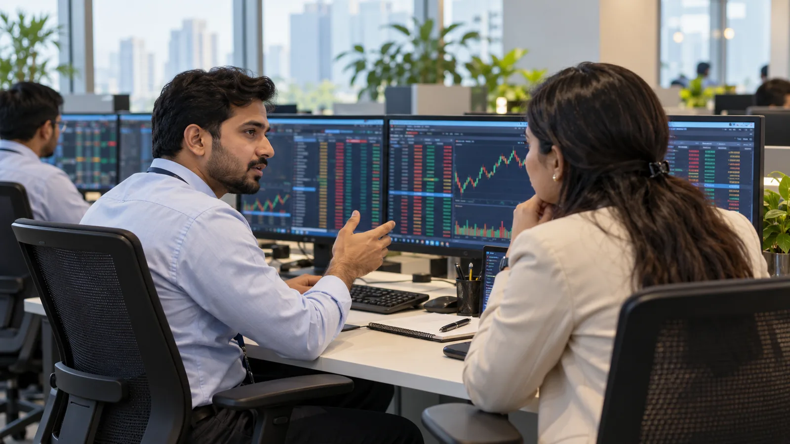Indian market-operations colleagues discussing a market-making setup at a workstation