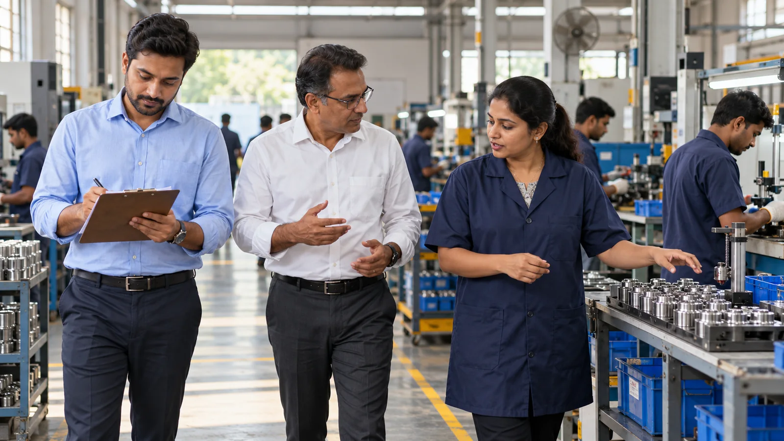 A fictional founder showing a trained colleague the manufacturing quality-check process while another team member records the handover