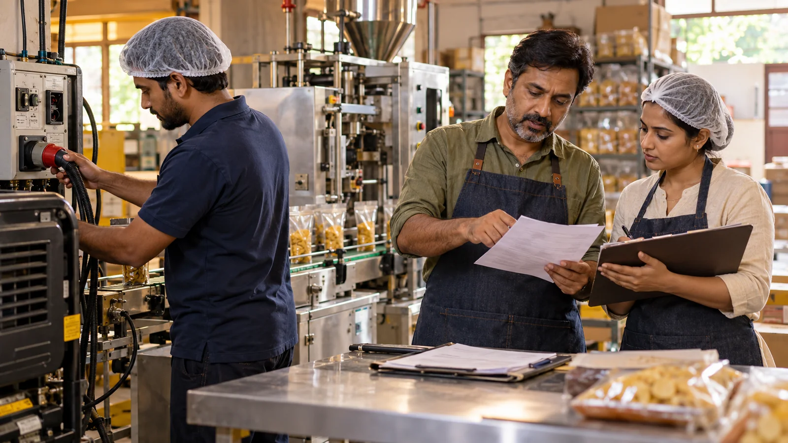 The small-business team checking a production machine and reviewing policy paperwork beside the packaging line