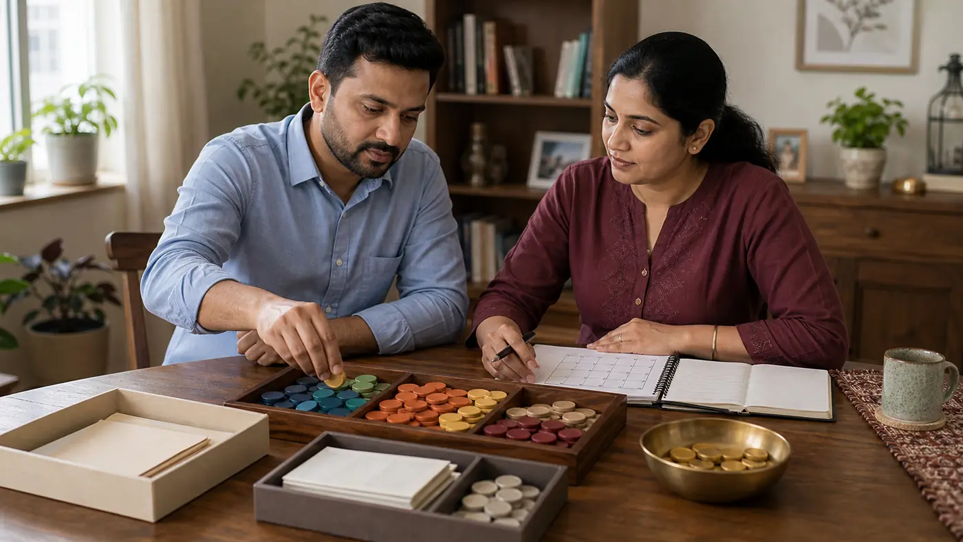 The same couple arranges emergency reserves, debt, equity and gold planning zones before investing monthly savings.