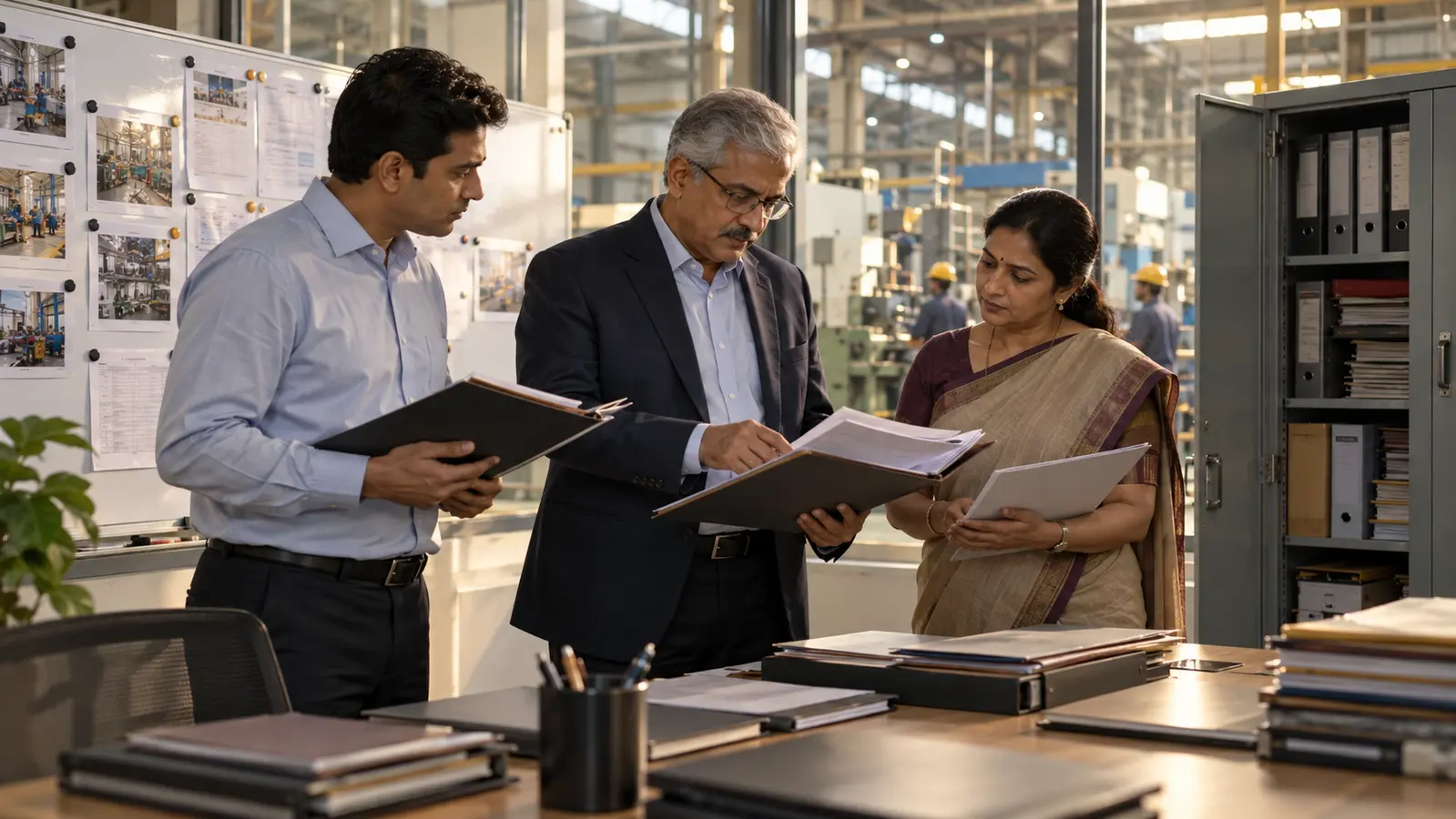 A fictional manufacturing director and senior managers reviewing records together beside a secure cabinet and the production floor