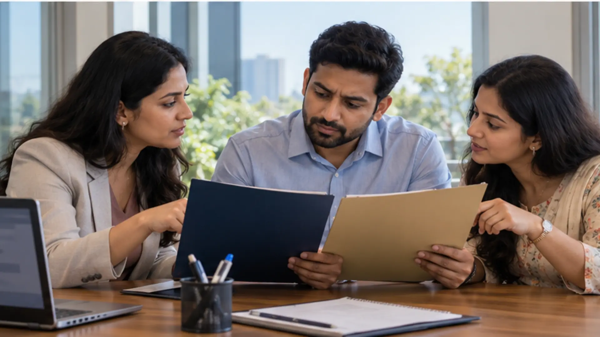 The same fictional couple and HR benefits manager compare two unbranded health-cover folders beside a calendar and a neutral hospital-direction map.