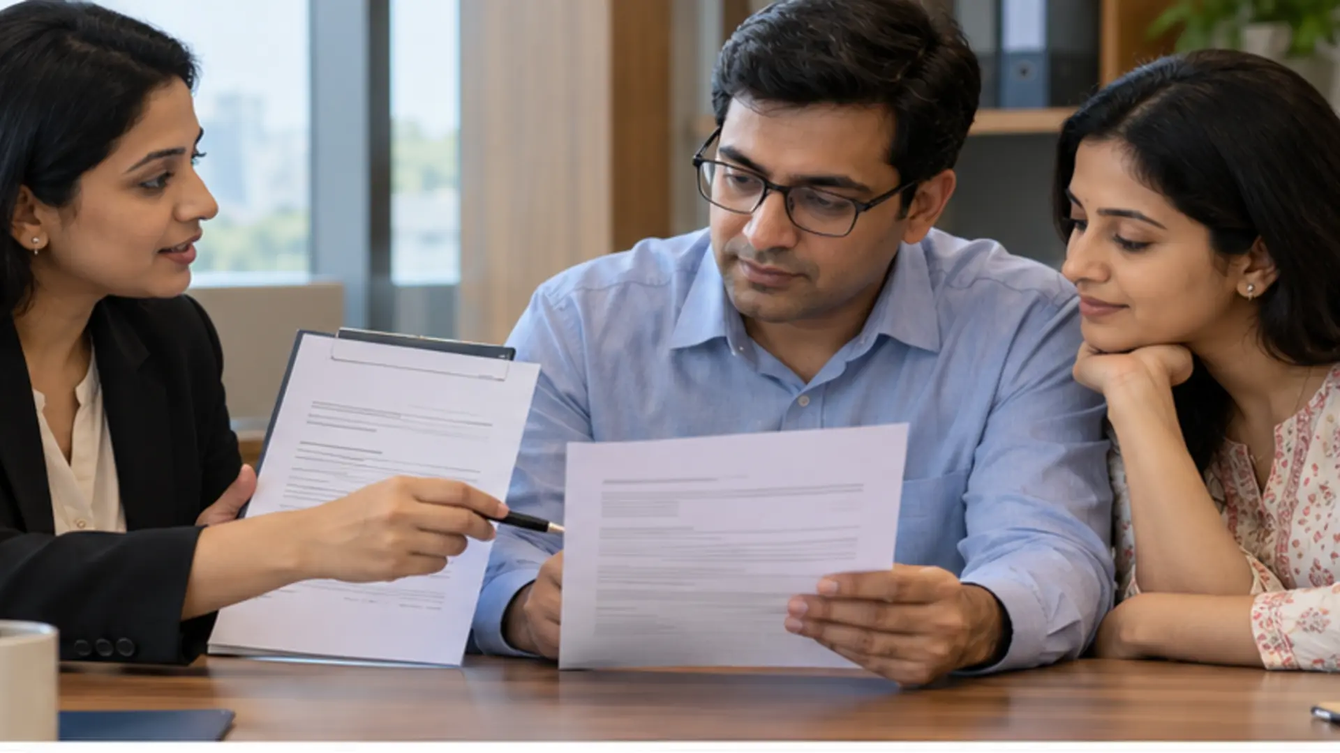 A fictional Indian employee and spouse review an unbranded employer life-cover certificate with an HR benefits manager in a modern office.