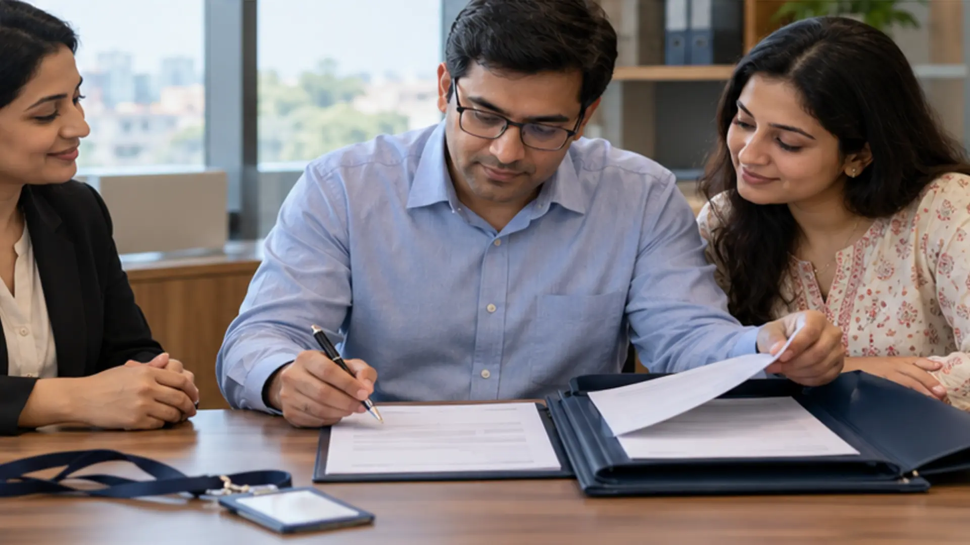 The same fictional employee checks beneficiary contact details and stores an unbranded life-cover certificate in a document folder beside a calendar.