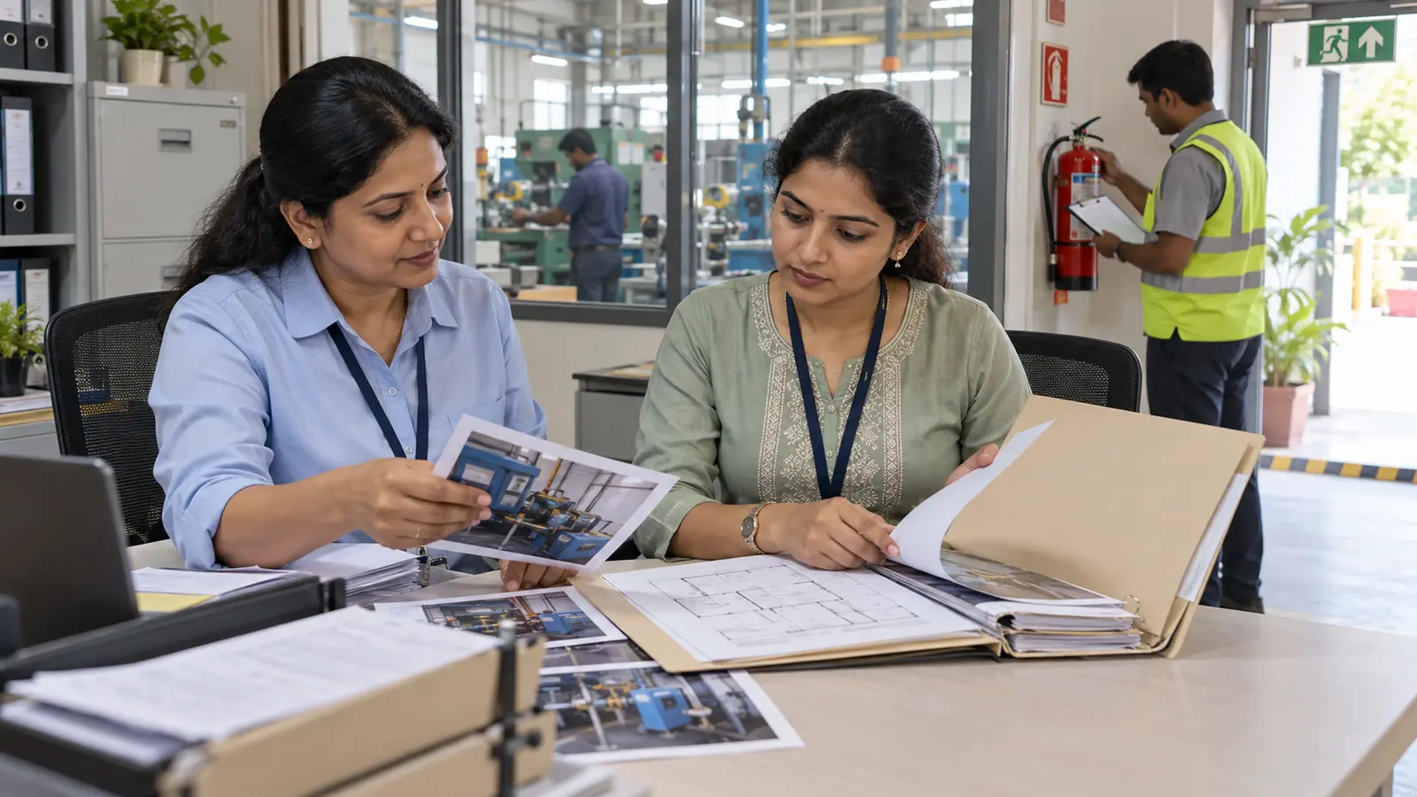 Fictional Indian operations and finance managers organise site photographs, an asset register and a layout drawing while a colleague checks fire equipment in the connected workshop.