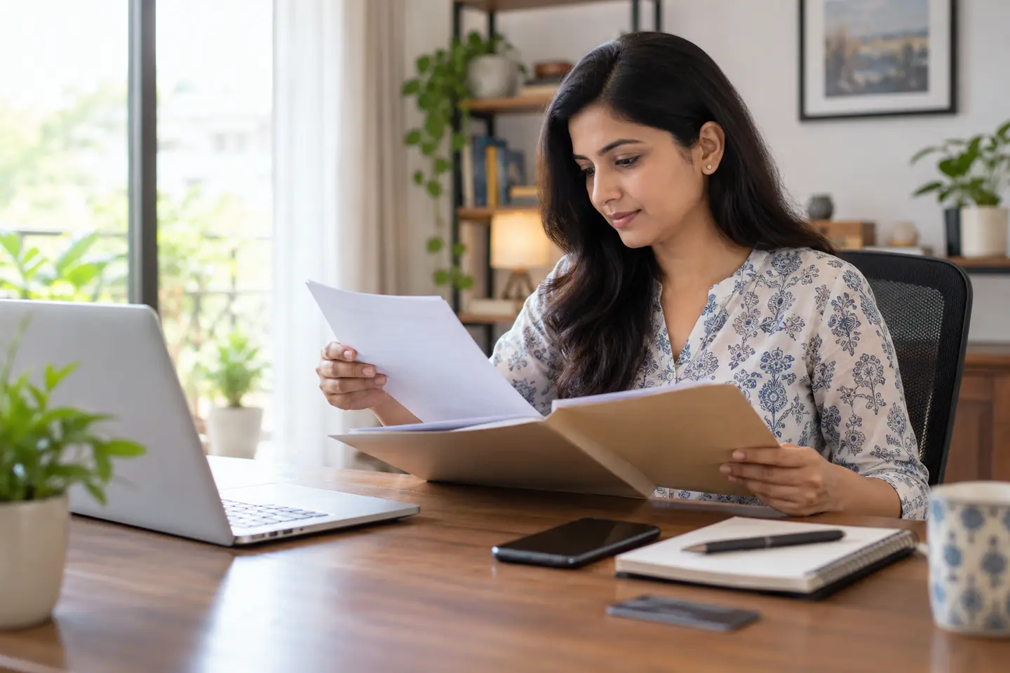 An Indian professional at a home office reviews a secure paper file and account records after onboarding.