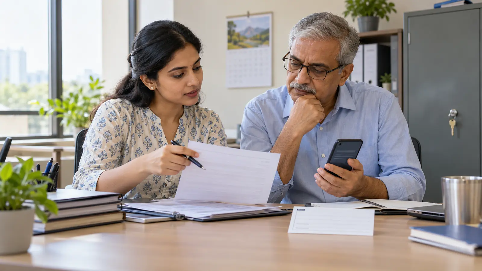 Fictional Indian colleagues compare a blank record form and an unreadable account screen while organising secure pension documents in an office.