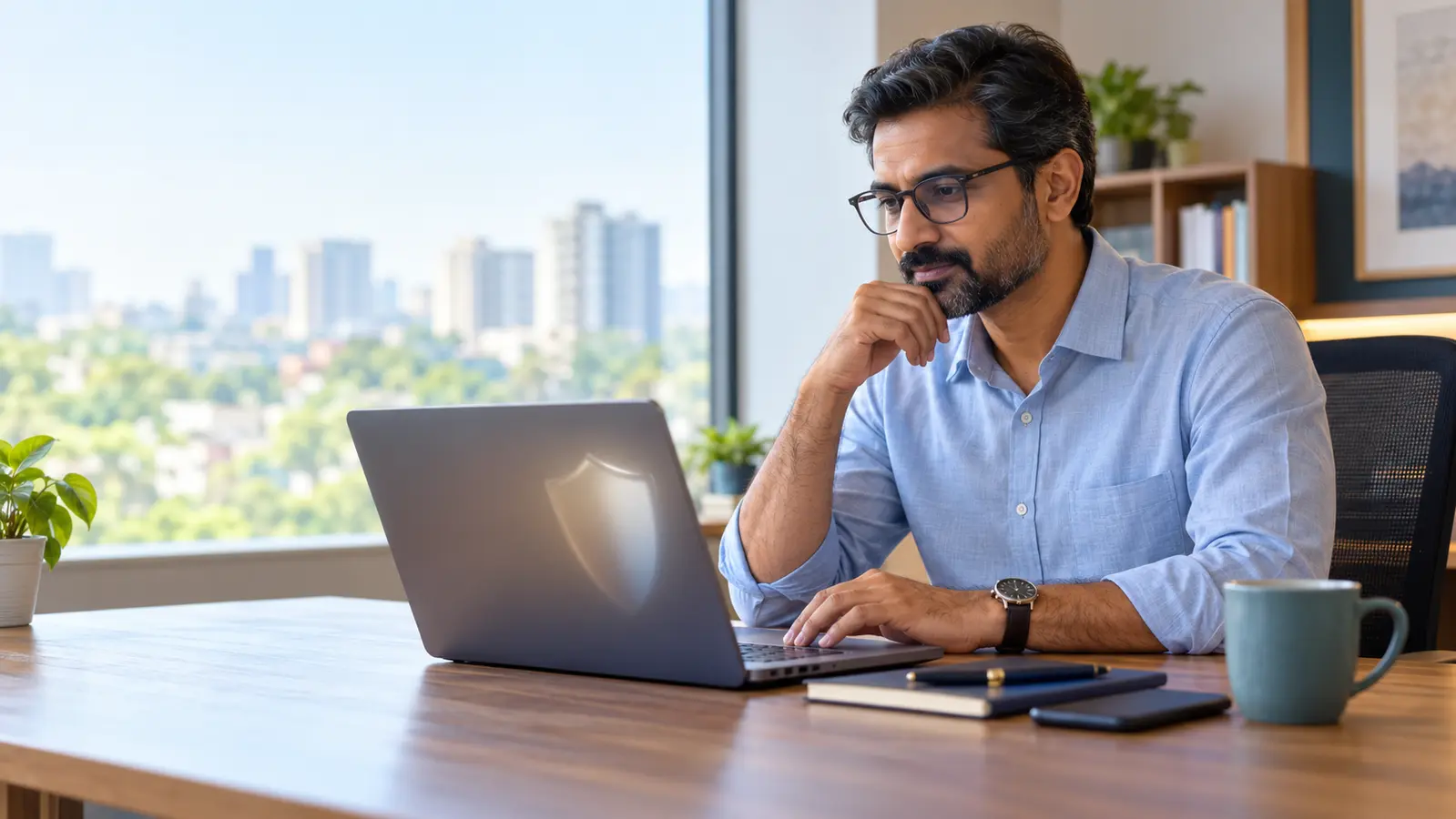 Professional reviewing a pension account securely at a laptop
