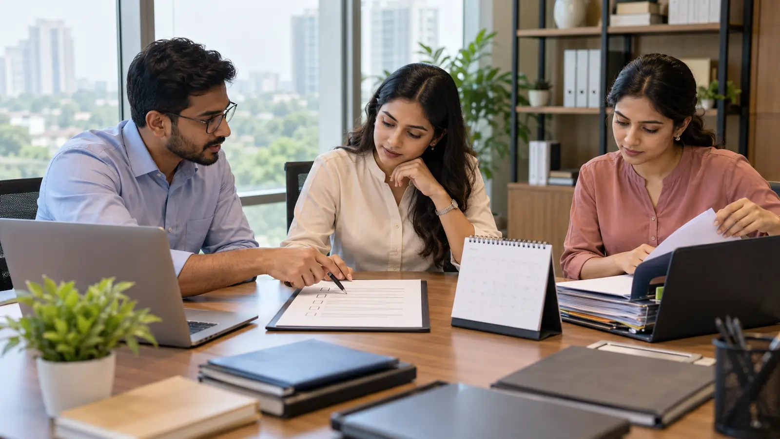 Fictional Indian professional-services team conducting a documented coverage review with files, calendar and checklist