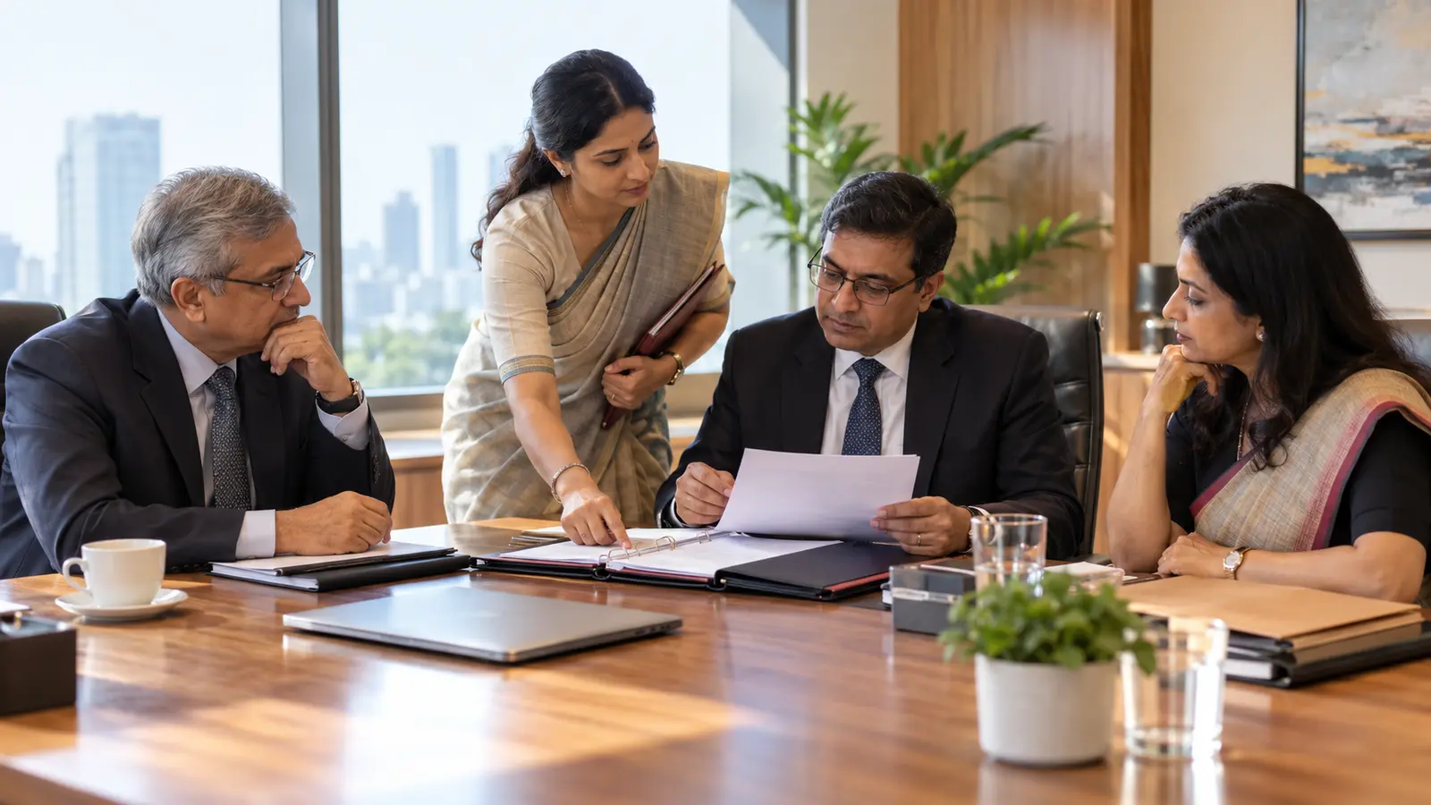 Fictional Indian company secretary and board members conducting a documented governance and insurance review