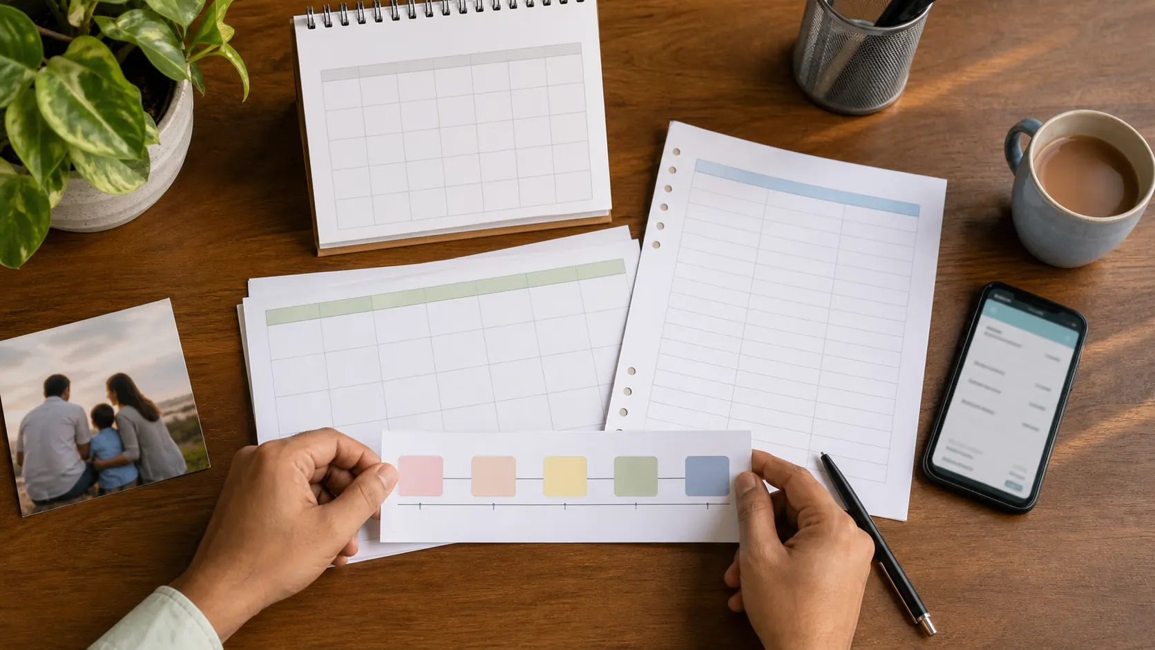 Top-down view of household planning papers, a phone and a simple blank timeline arranged for retirement planning.