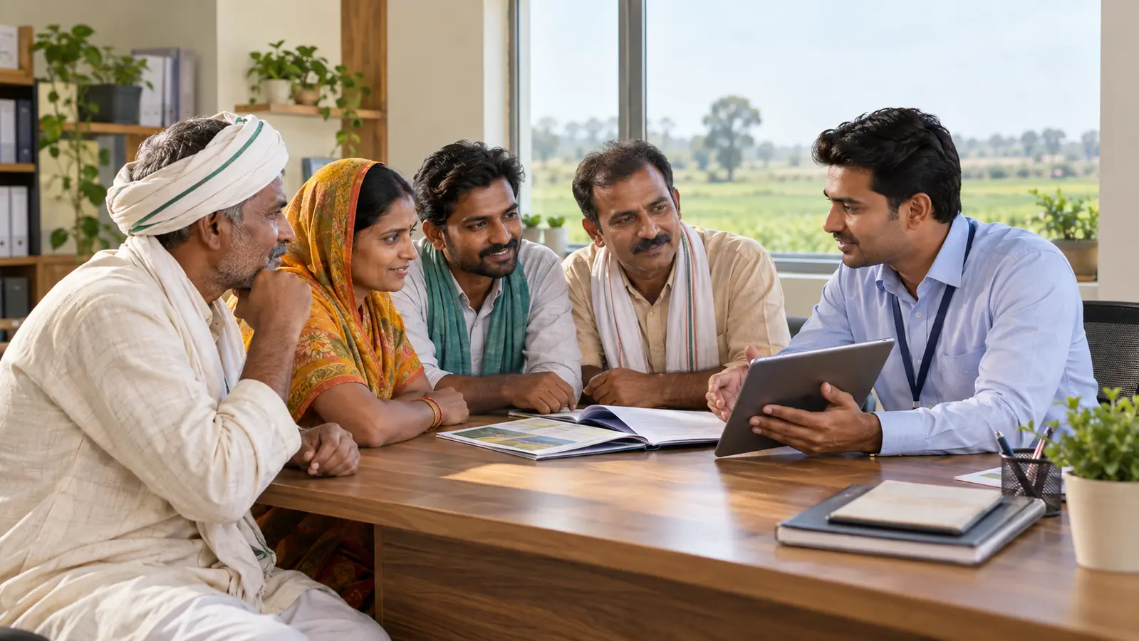 Farmers and an FPO representative discuss retirement planning with a financial-services facilitator in a rural service centre