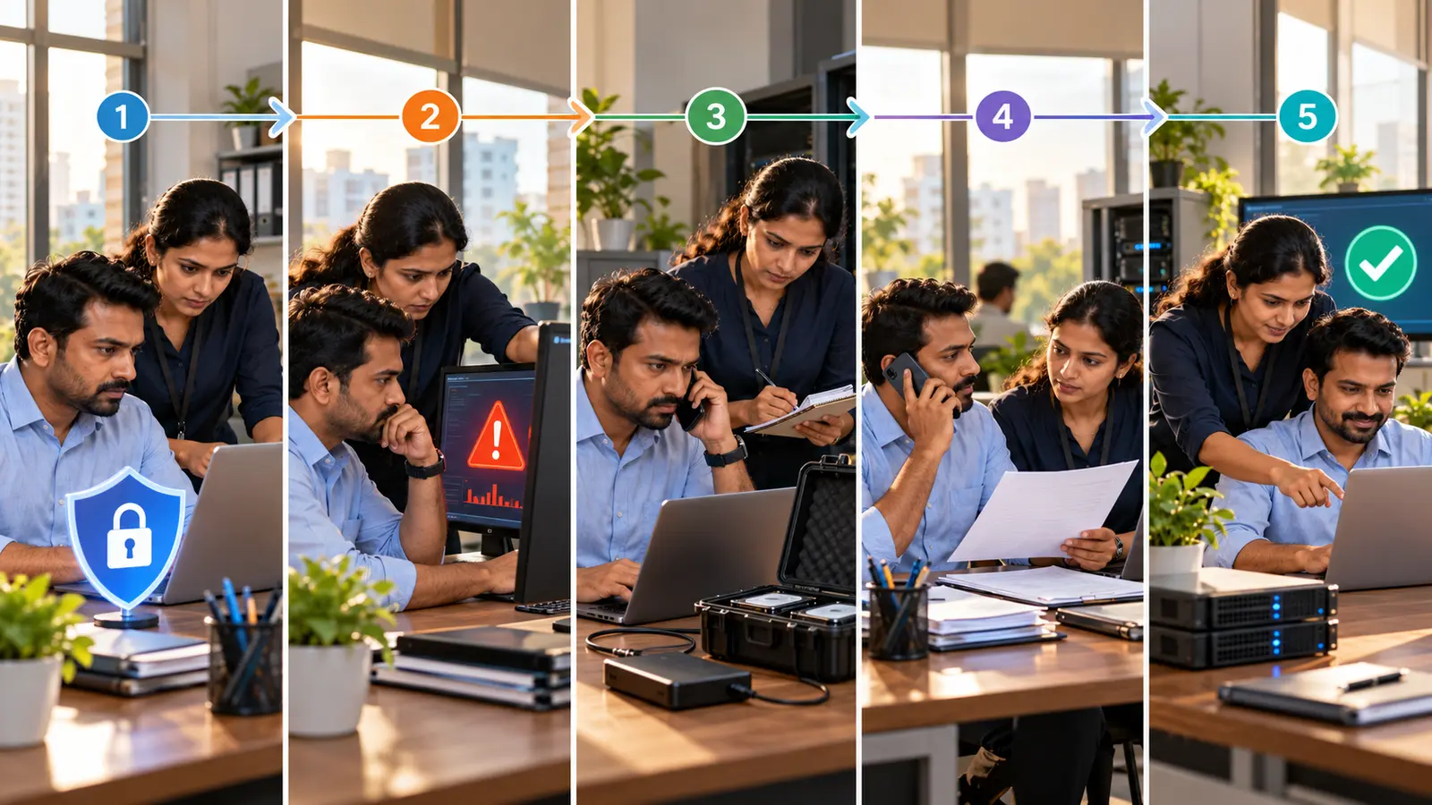 Five-stage cyber-incident readiness workflow: secure systems, identify and contain an alert, preserve evidence and obtain specialist support, notify appropriate parties, then restore safely and improve controls