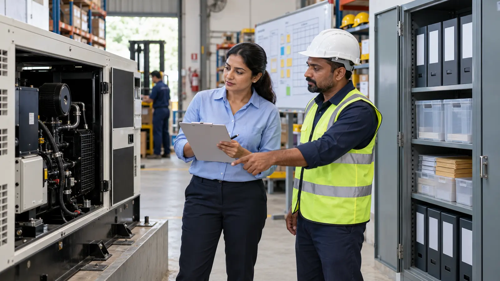 Fictional Indian MSME founder and safety supervisor inspecting equipment and records as part of a documented business-continuity review