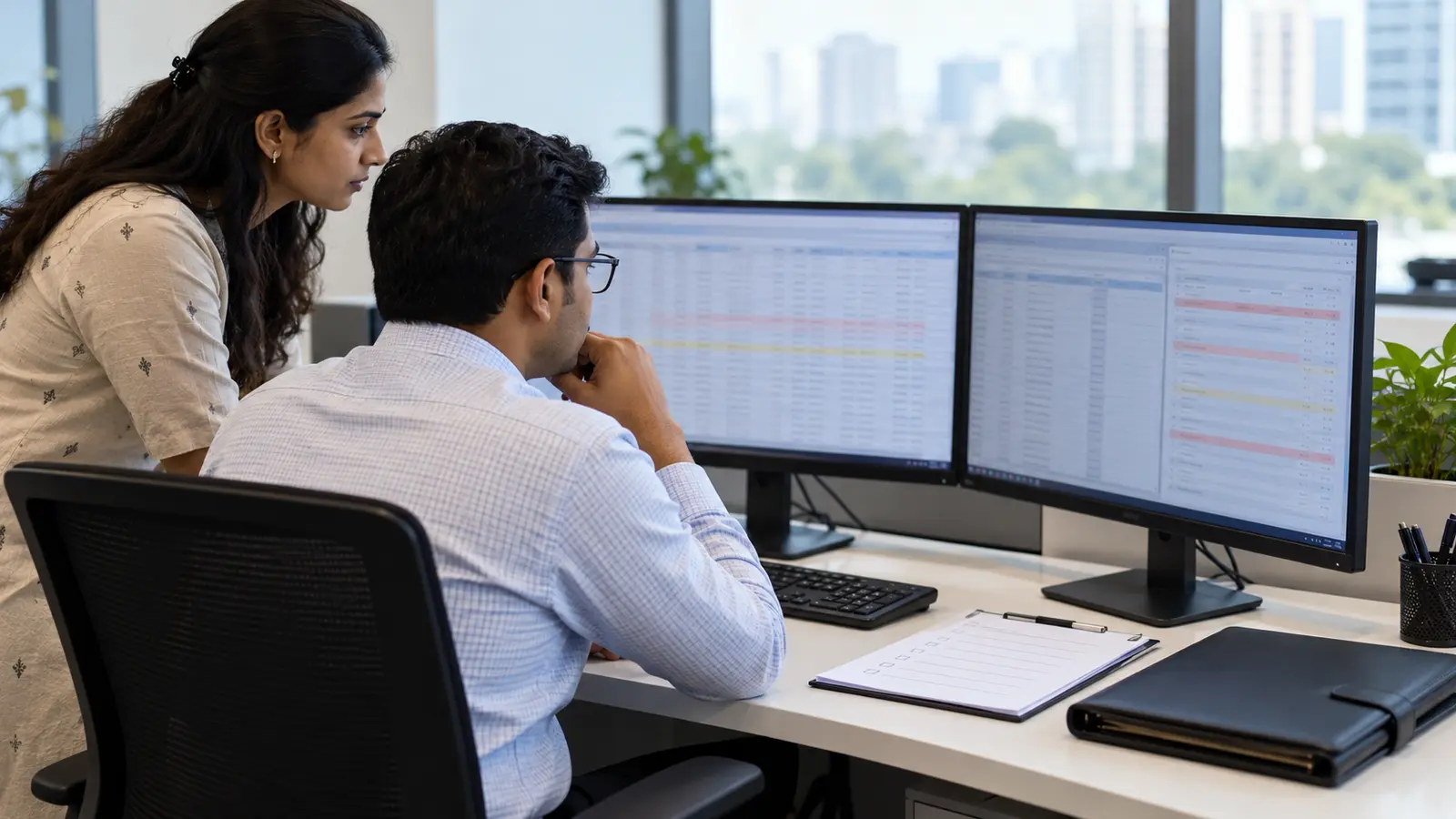 Registrar operations specialists reviewing IPO application exceptions at an anonymised workstation