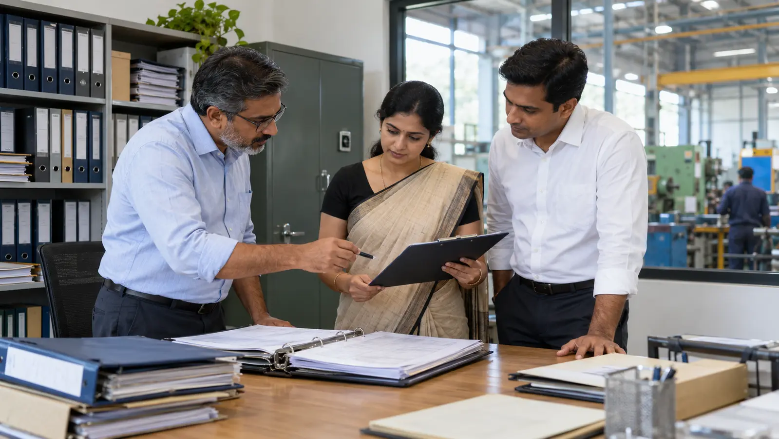 Fictional Indian business partners and company secretary reviewing an ownership register and continuity records beside their manufacturing floor