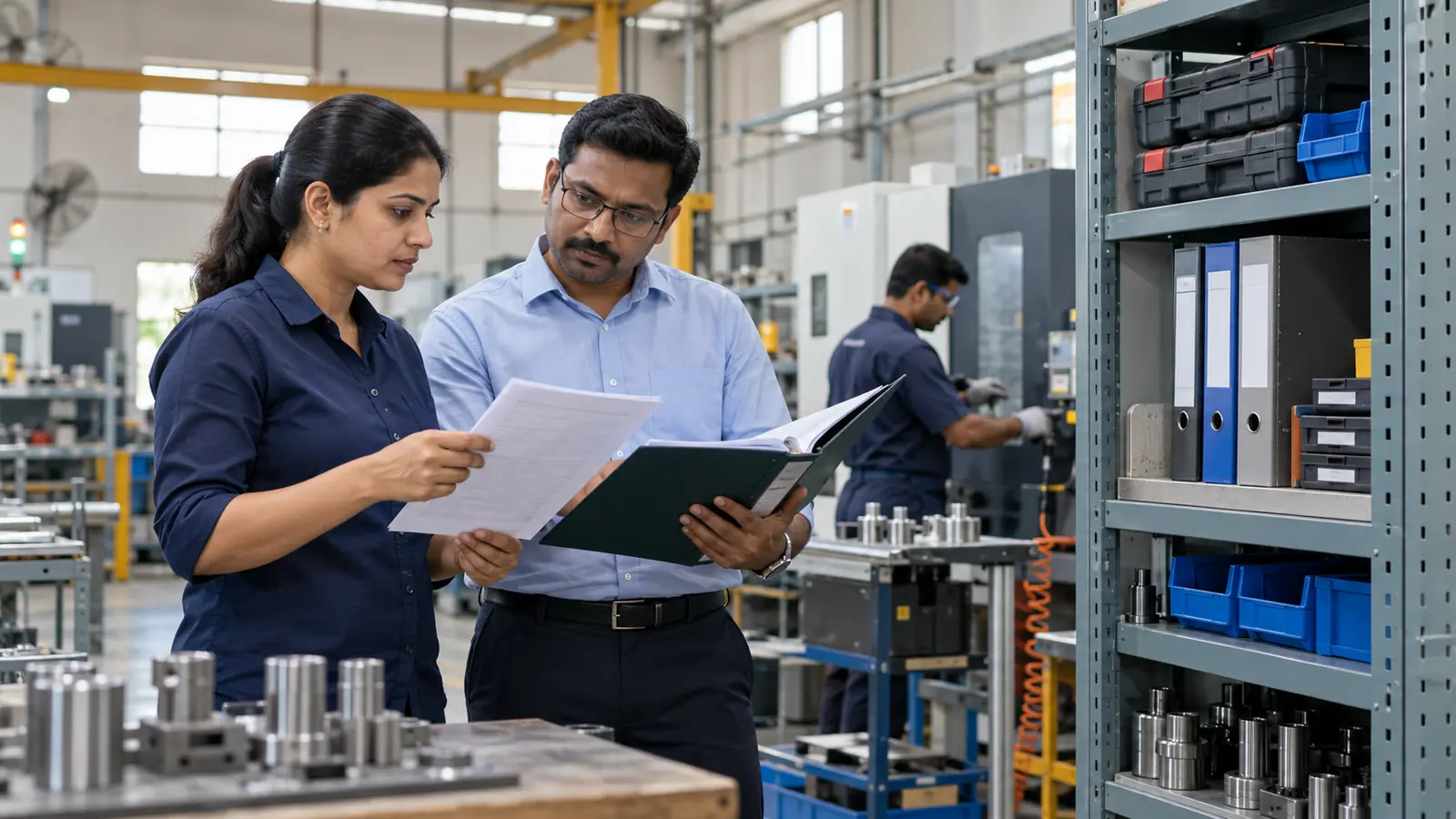 Fictional Indian MSME founder and finance manager checking asset records and continuity evidence beside workshop equipment