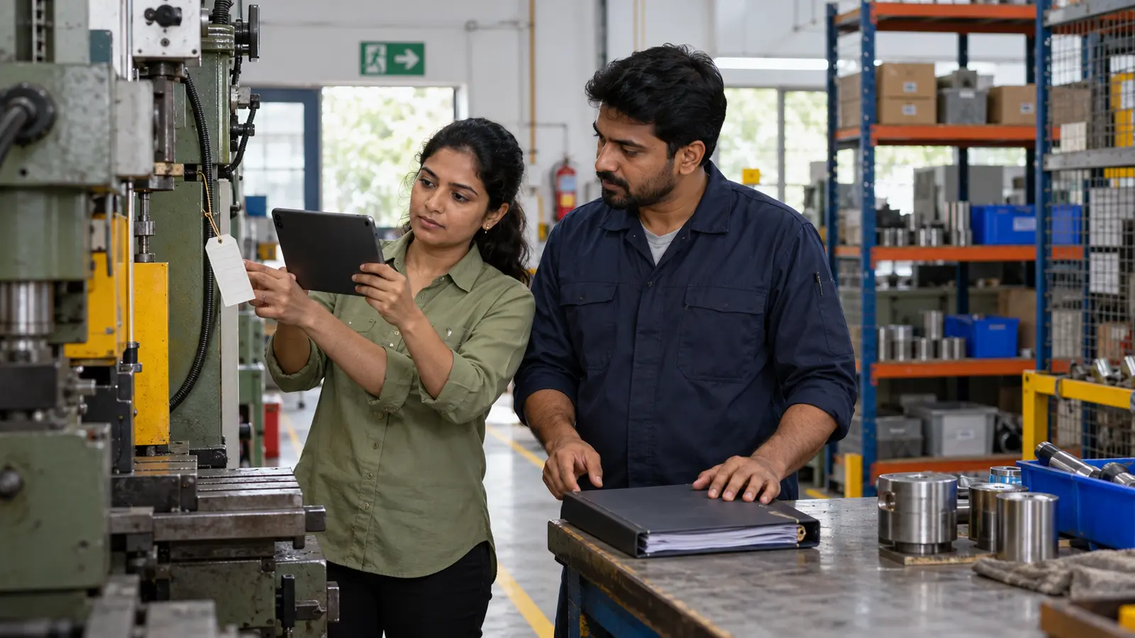 Fictional Indian MSME founder and safety supervisor inspecting equipment and records as part of a documented business-continuity review