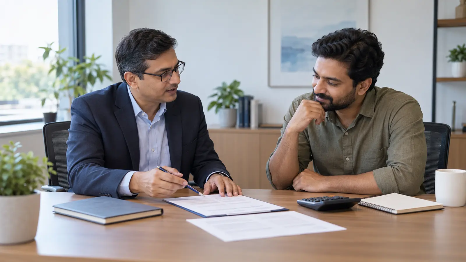 An adviser and entrepreneur discussing a printed retirement planning checklist