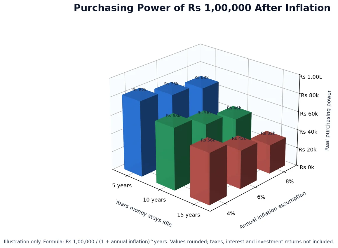 3D bar chart showing the remaining purchasing power of Rs 1 lakh after 5, 10 and 15 years at 4%, 6% and 8% annual inflation assumptions.