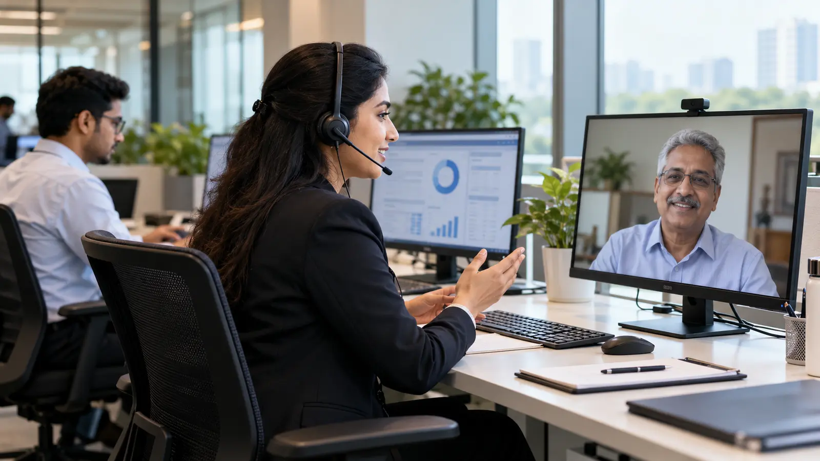 Investor service specialist on a secure video call while a colleague checks a shareholder record